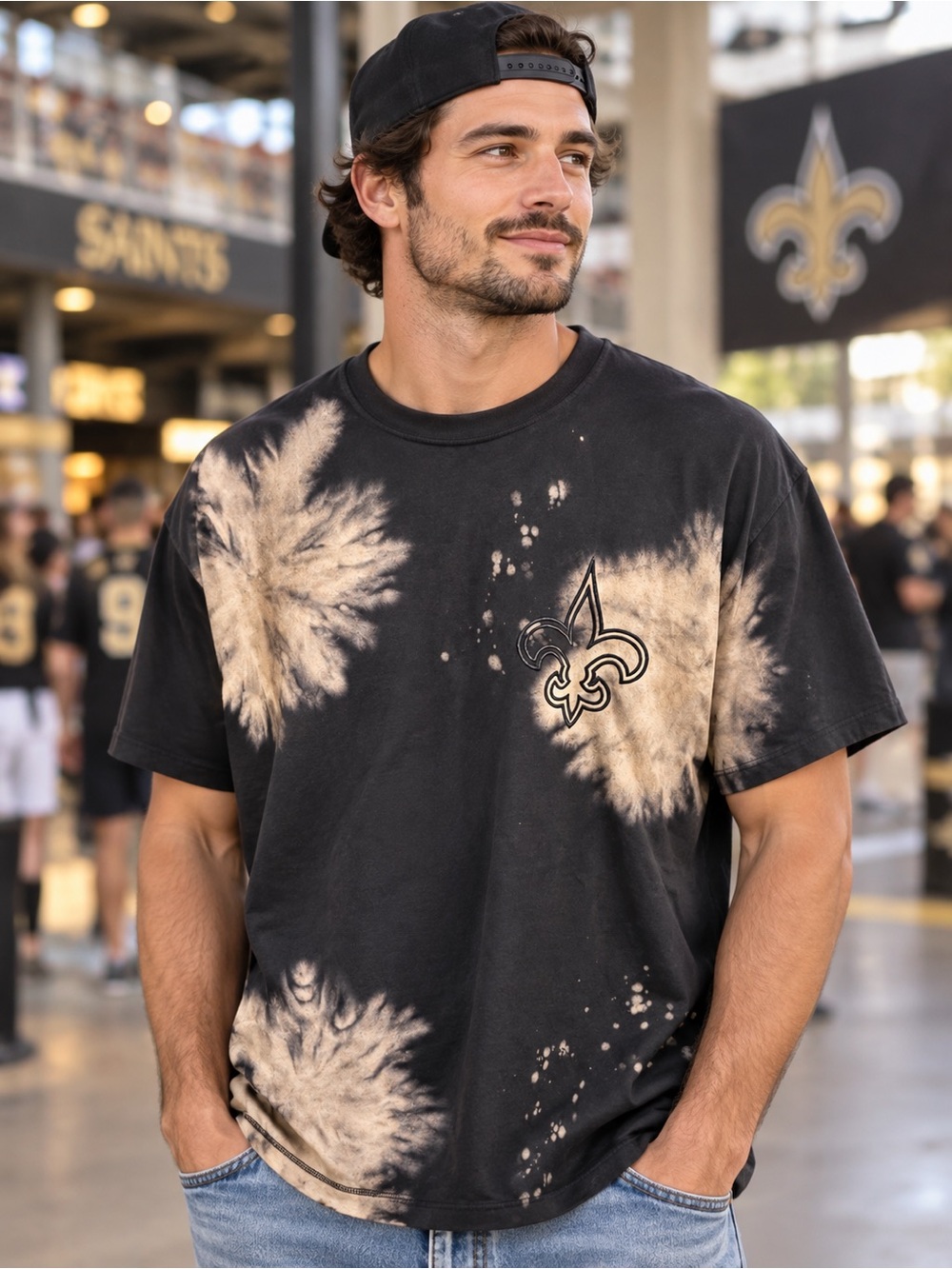 🆕 New Orleans Saints New Era Men’s Medium Black Tie-Dye Logo T-Shirt NWT